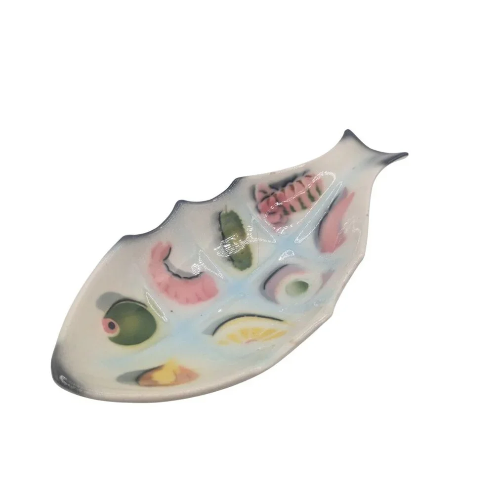 Hand-Painted Ceramic Fish-Shaped Divided Serving Dish With Vibrant Food Motifs
